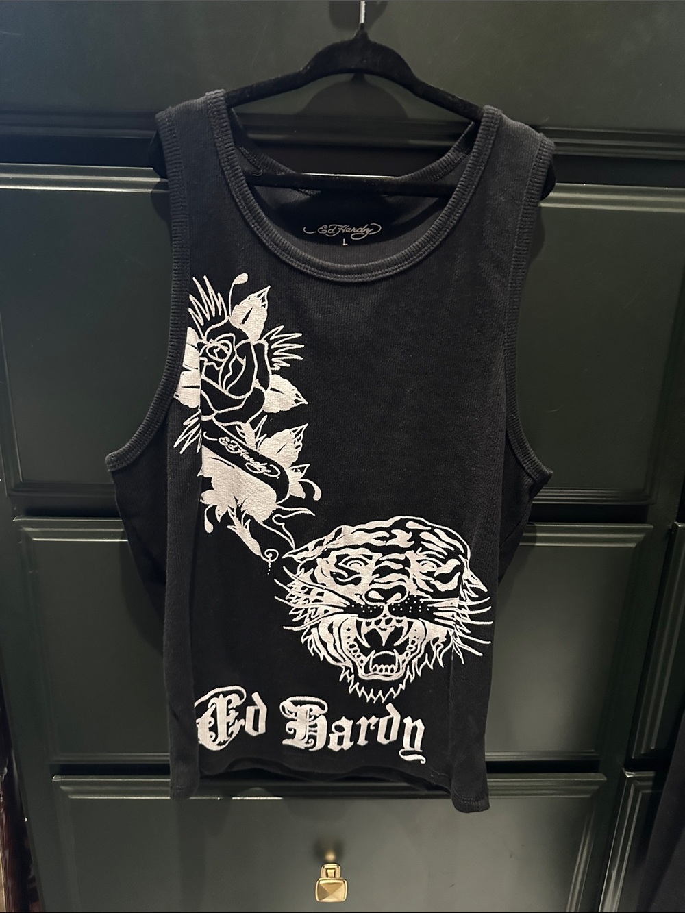 Ed Hardy Black Tank with White Tiger & Rose Graphic